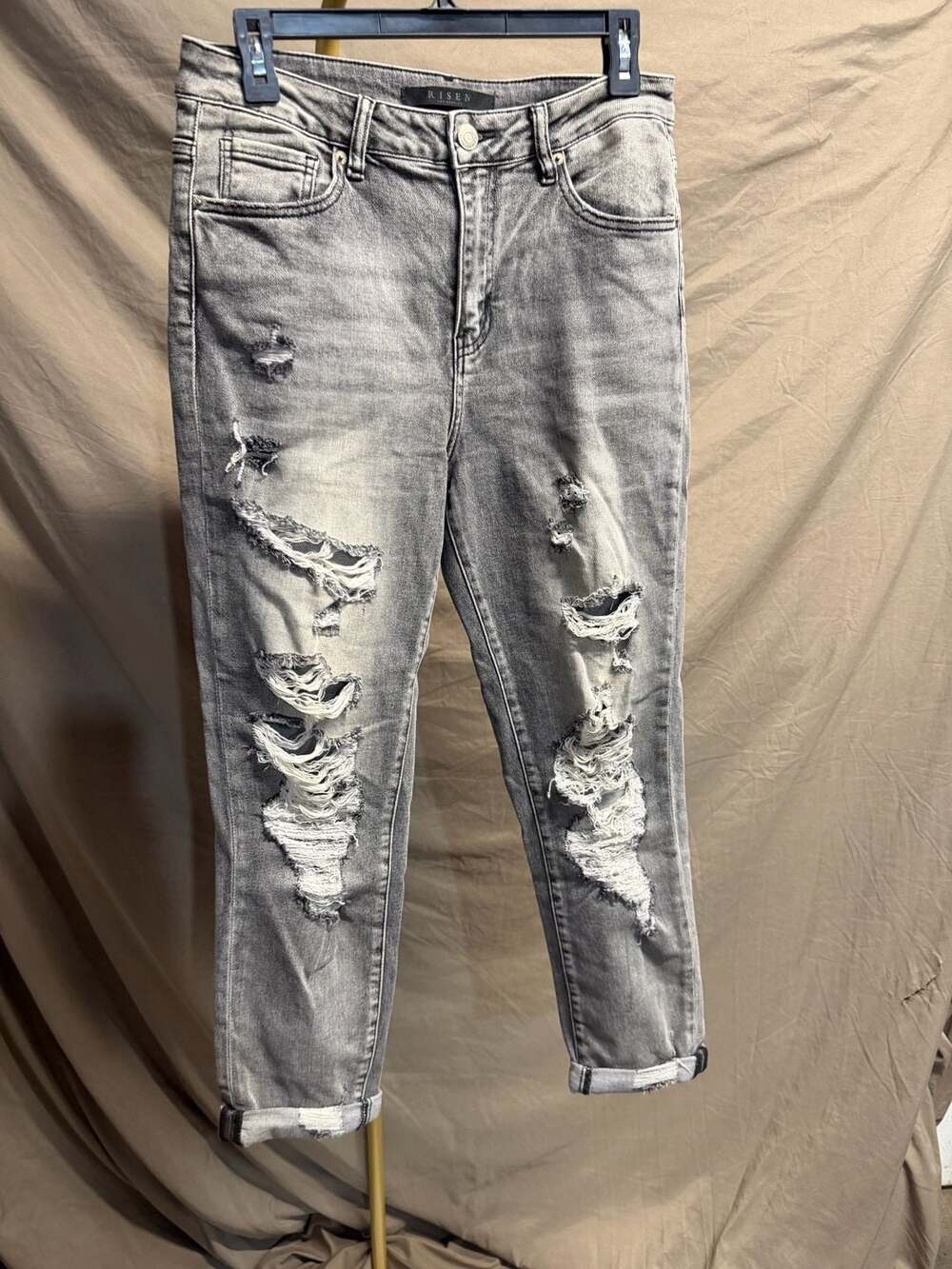 Risen Los Angeles High-Rise Distressed Gray Cuffed Denim Jeans - Picture 2 of 3